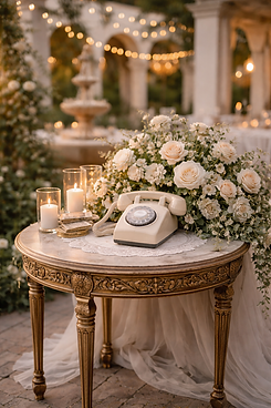 Beige rotary audio guestbook phone styled on an ornate gold table with candles and blush-white florals at a Mediterranean-inspired wedding courtyard with arches and string lights in the background.