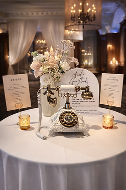 Elegant vintage audio guestbook display at a luxury wedding reception featuring an ornate rotary telephone on a white table with candles, floral arrangement, and instruction signs, set against a softly lit ballroom with chandeliers and draped curtains in the background.
