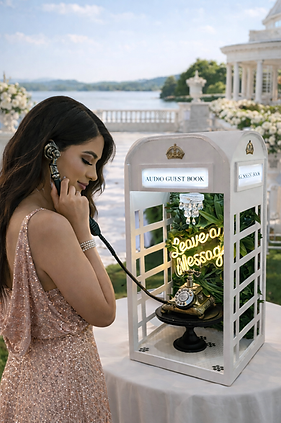 Elegant wedding guest in a blush sequined gown holding a vintage telephone receiver beside a white tabletop audio guestbook booth, set at a bright Victorian-style outdoor waterfront wedding with soft florals and a classic pavilion in the background.