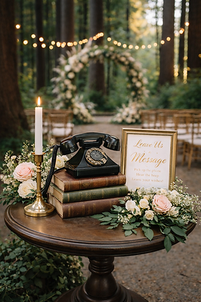 Vintage black rotary phone audio guestbook with connected coiled cord resting on stacked antique books, styled with blush and ivory florals, a brass candle, and a gold-framed “Leave a Message” sign at a romantic forest wedding ceremony with string lights and floral arch in the background.