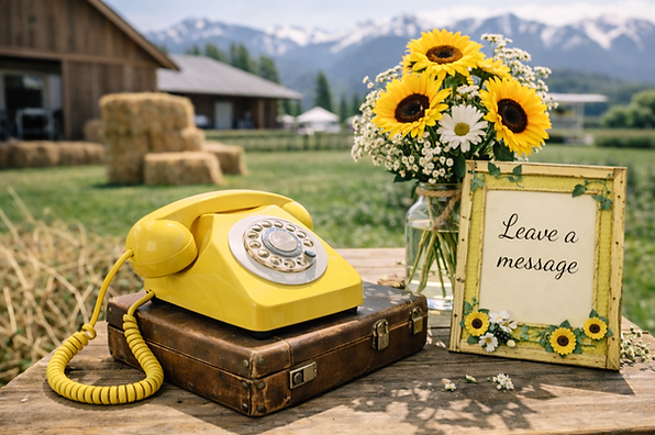 Vintage yellow rotary audio guestbook phone resting on a rustic suitcase beside a mason jar of sunflowers and daisies, with a framed “Leave a message” sign on a wooden table at a countryside farm wedding in Chilliwack, mountains and barn in the background.