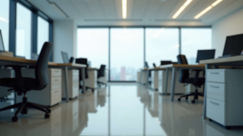 Eye-level view of a clean and organized office workspace with polished desks and chairs