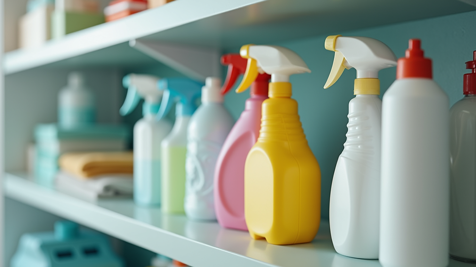 Close-up view of cleaning supplies arranged neatly on a shelf