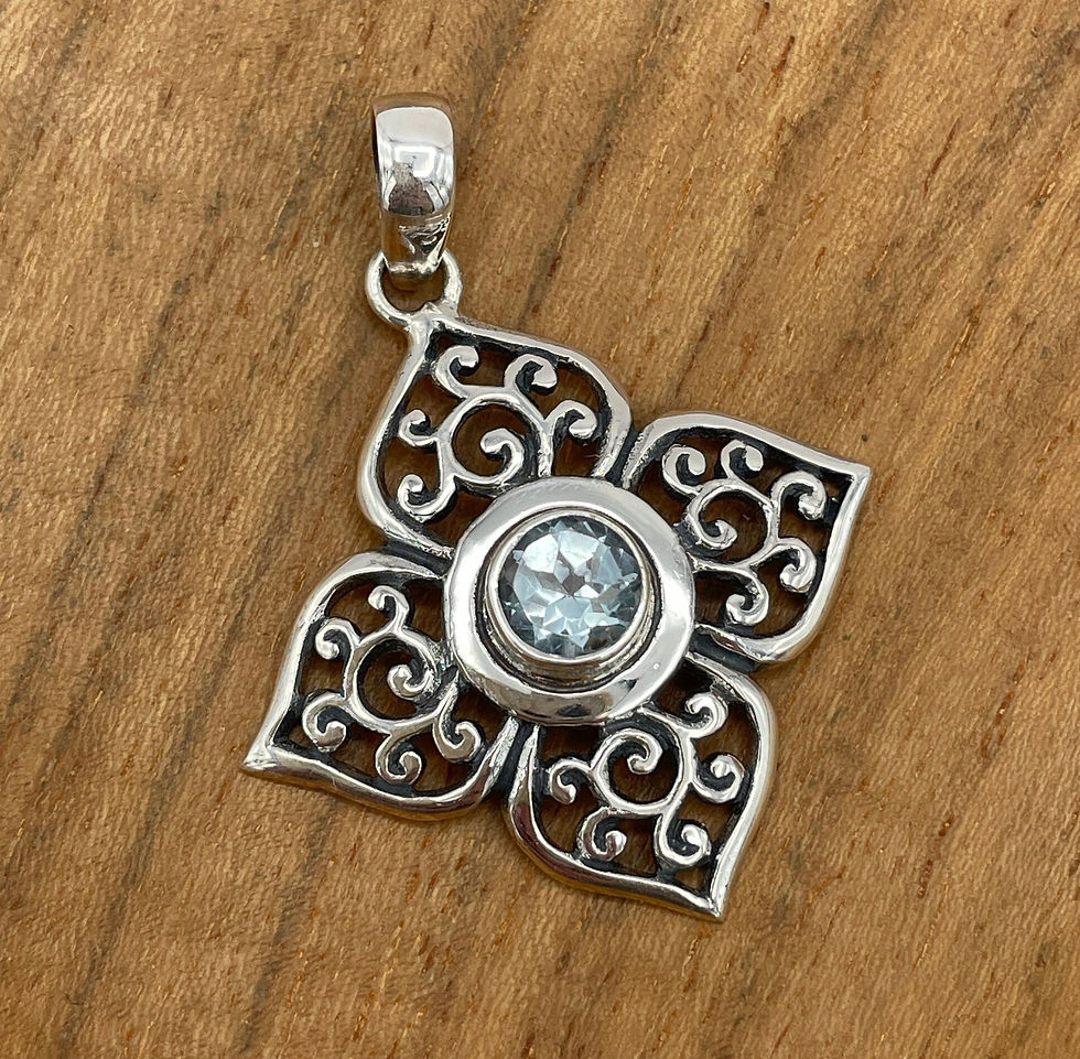 Thumbnail: TOPAZ STERLING PENDANT, Blue Bali Pendant, Floral Filigree Sterling Pendant