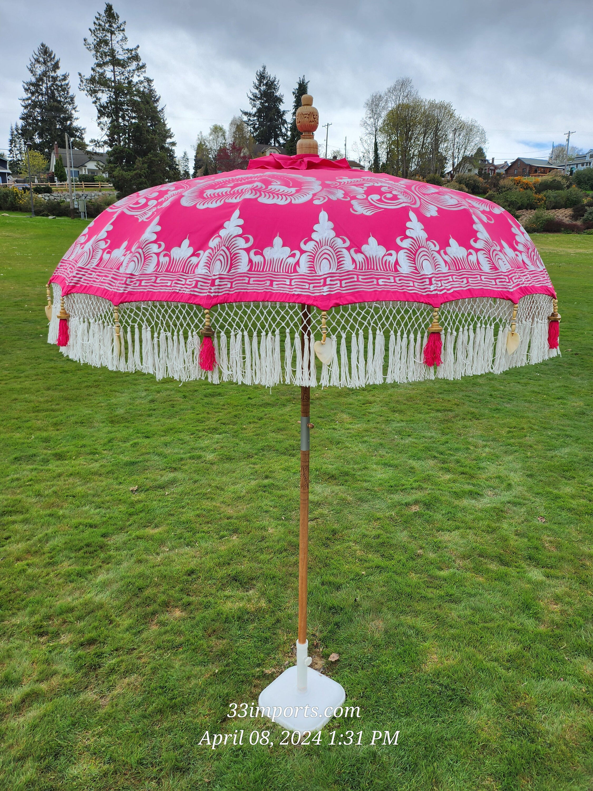 PINK & SILVER FULL FRINGE BALINESE UMBRELLA