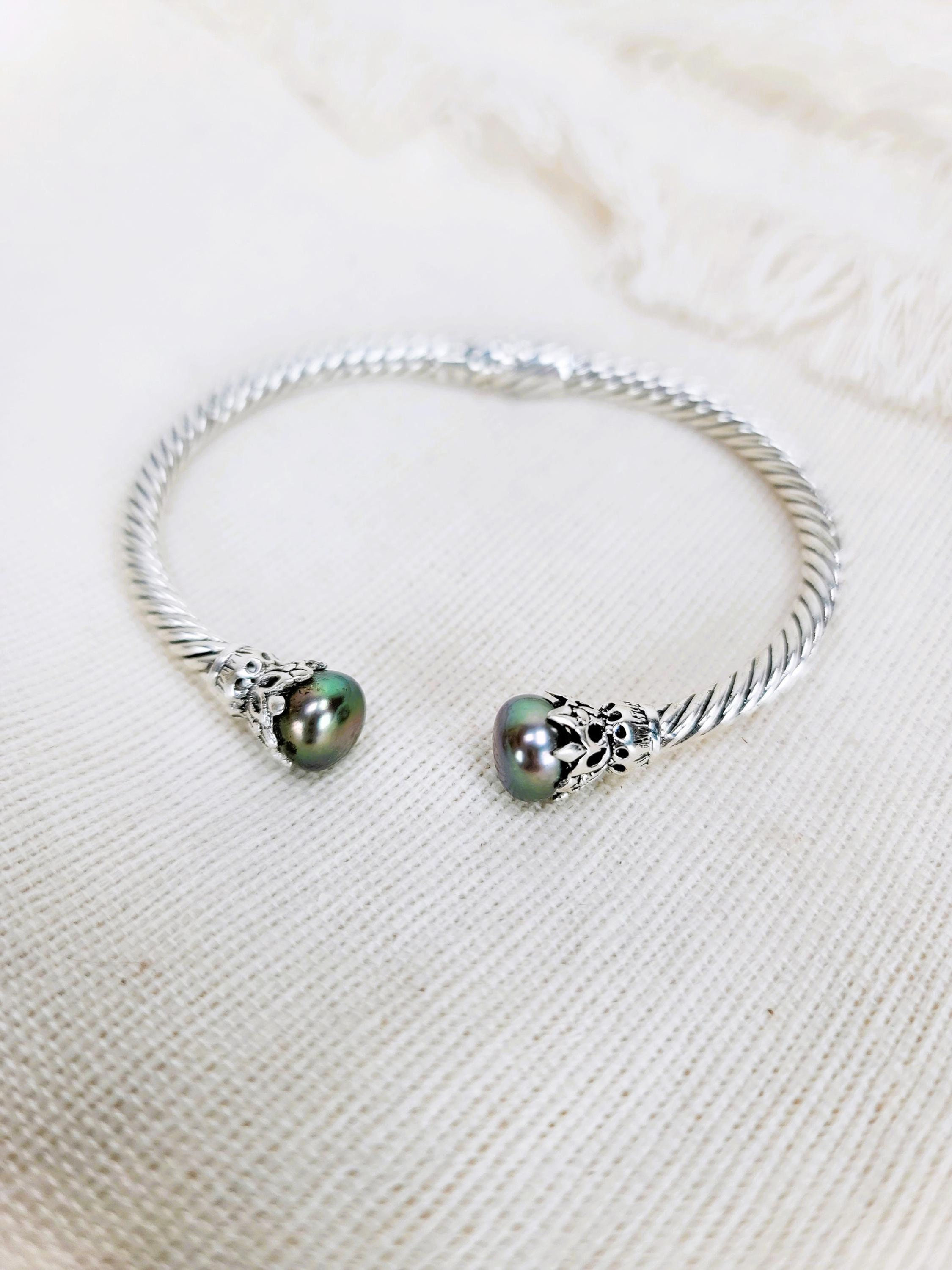 BLACK PEARL BRACELET, Freshwater Pearl Bracelet, Silver Bangle, Sterling Silver