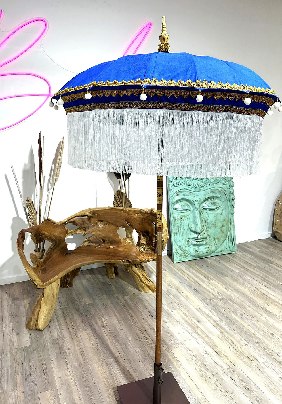 Thumbnail: BLUE GARDEN PARASOL, Balinese Full Fringe Umbrellas, Boho Style Umbrellas