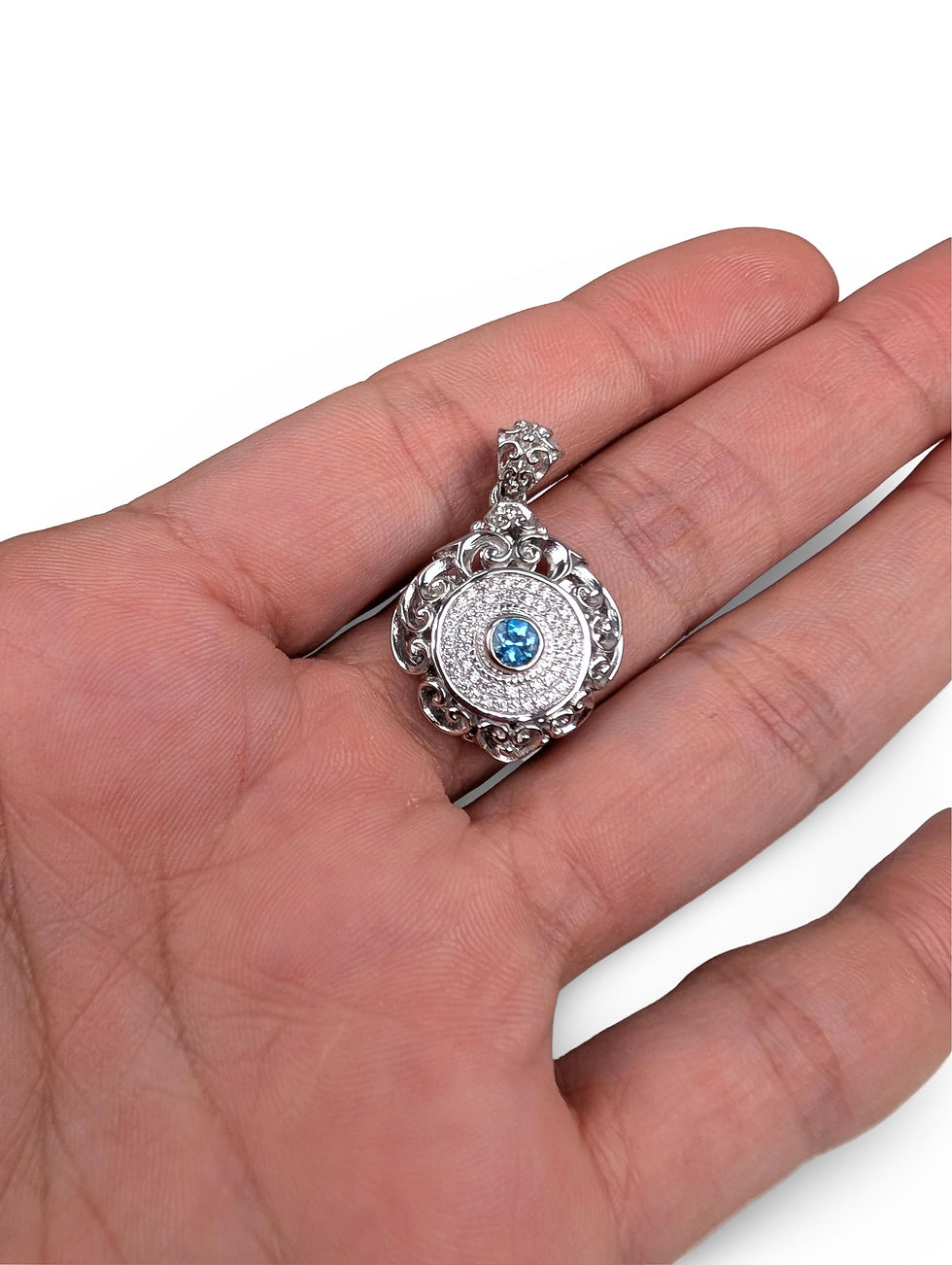 Thumbnail: PENDENT STERLING TOPAZ, Silver Blue Topaz, Blue Bali Pendant, Floral Filigree