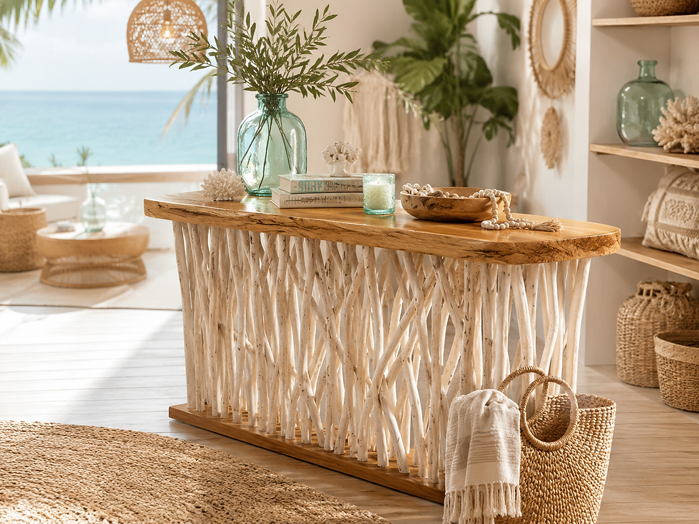 Eye-level view of rustic wooden dining table with woven rattan chairs and tropical plants