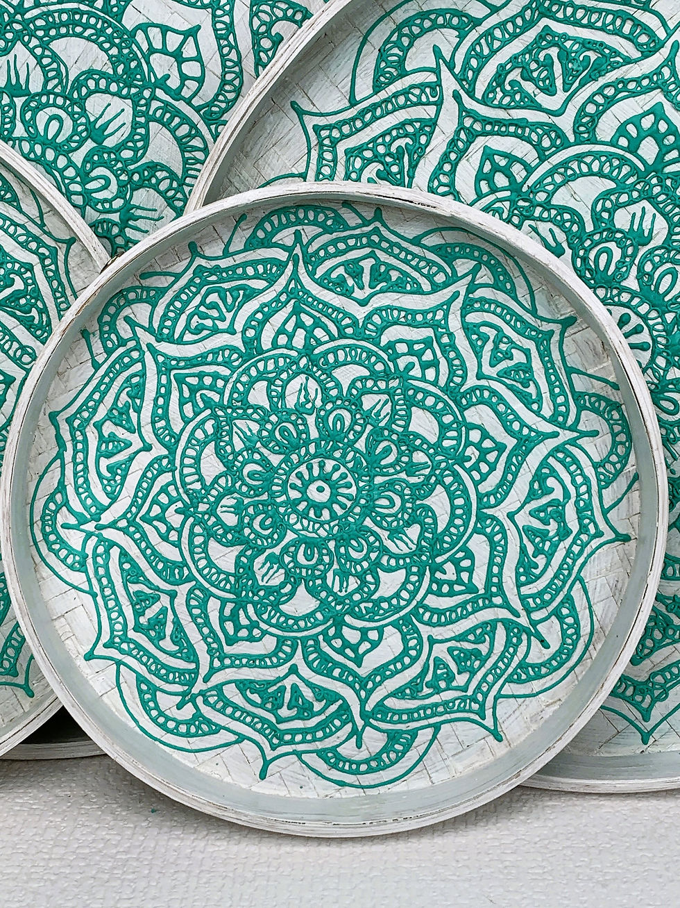 Thumbnail: WALL HANGING MANDALA Set, Rattan Wall Hanging, Bamboo Wall Plates, Teal Mandala