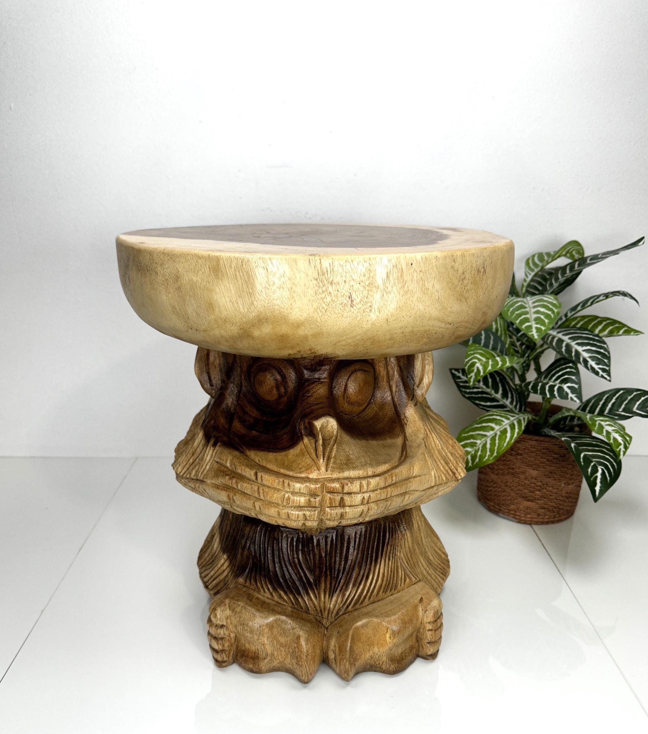 CARVED MONKEY STOOL, Wood Carved Stool, Small Plant Stand, Garden Stool, Suar