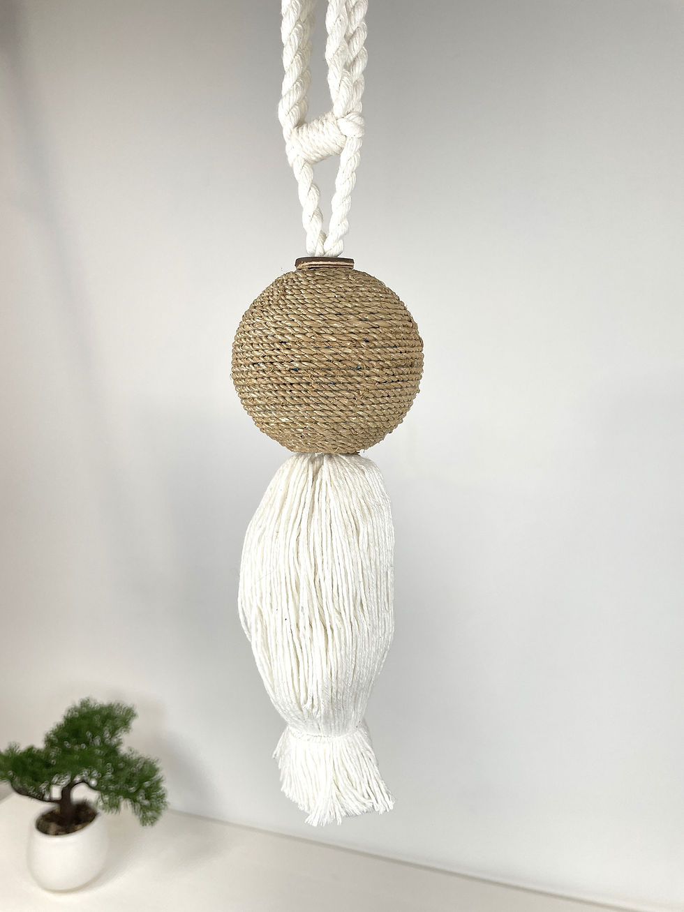 Thumbnail: JUTE POMPOM TASSEL, Jute Drapery Tieback, Boho Style Curtain Tieback, Ivory