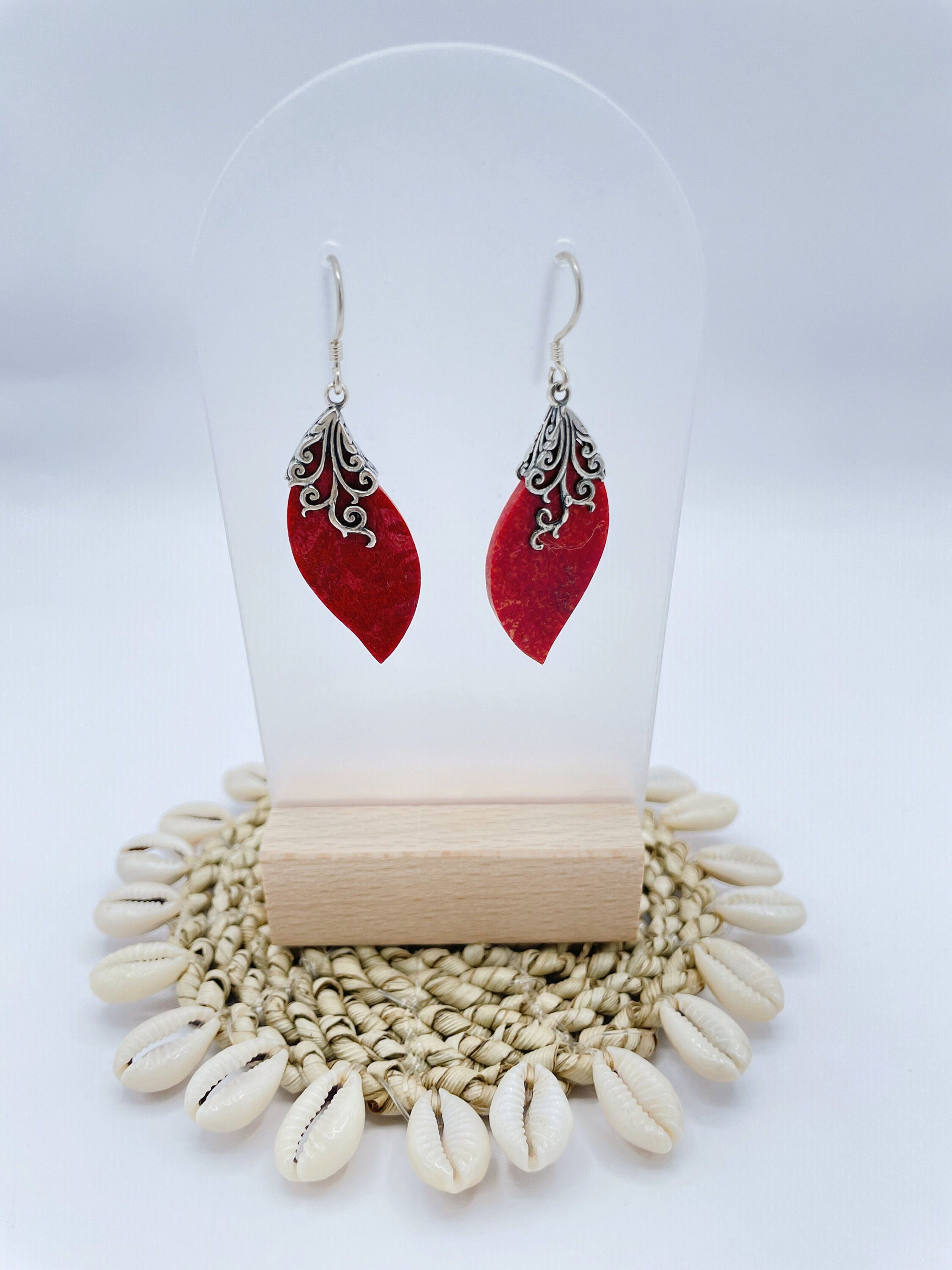 STERLING CORAL EARRINGS, Red Drop Dangle Earrings, Natural Coral Earrings, Red
