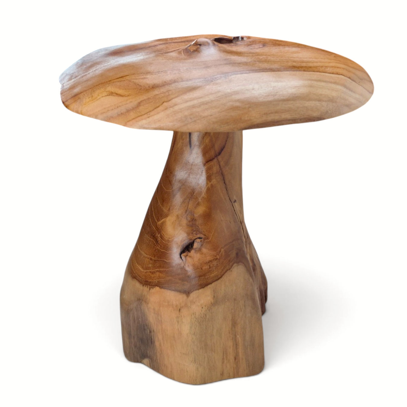 Teakwood fungi sculpture with a broad wavy cap