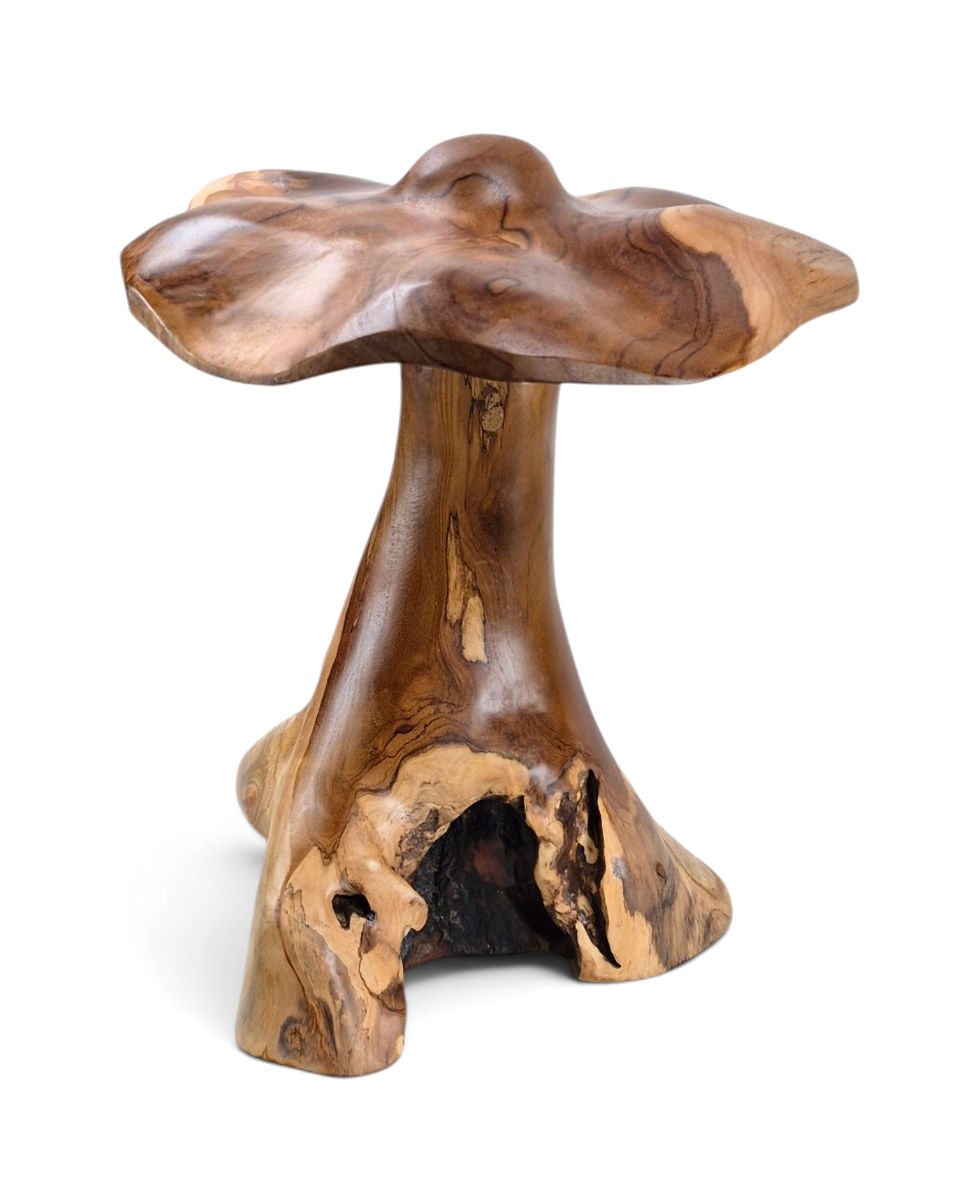 Forest Sentinel Teak Mushroom with a carved wooden silhouette