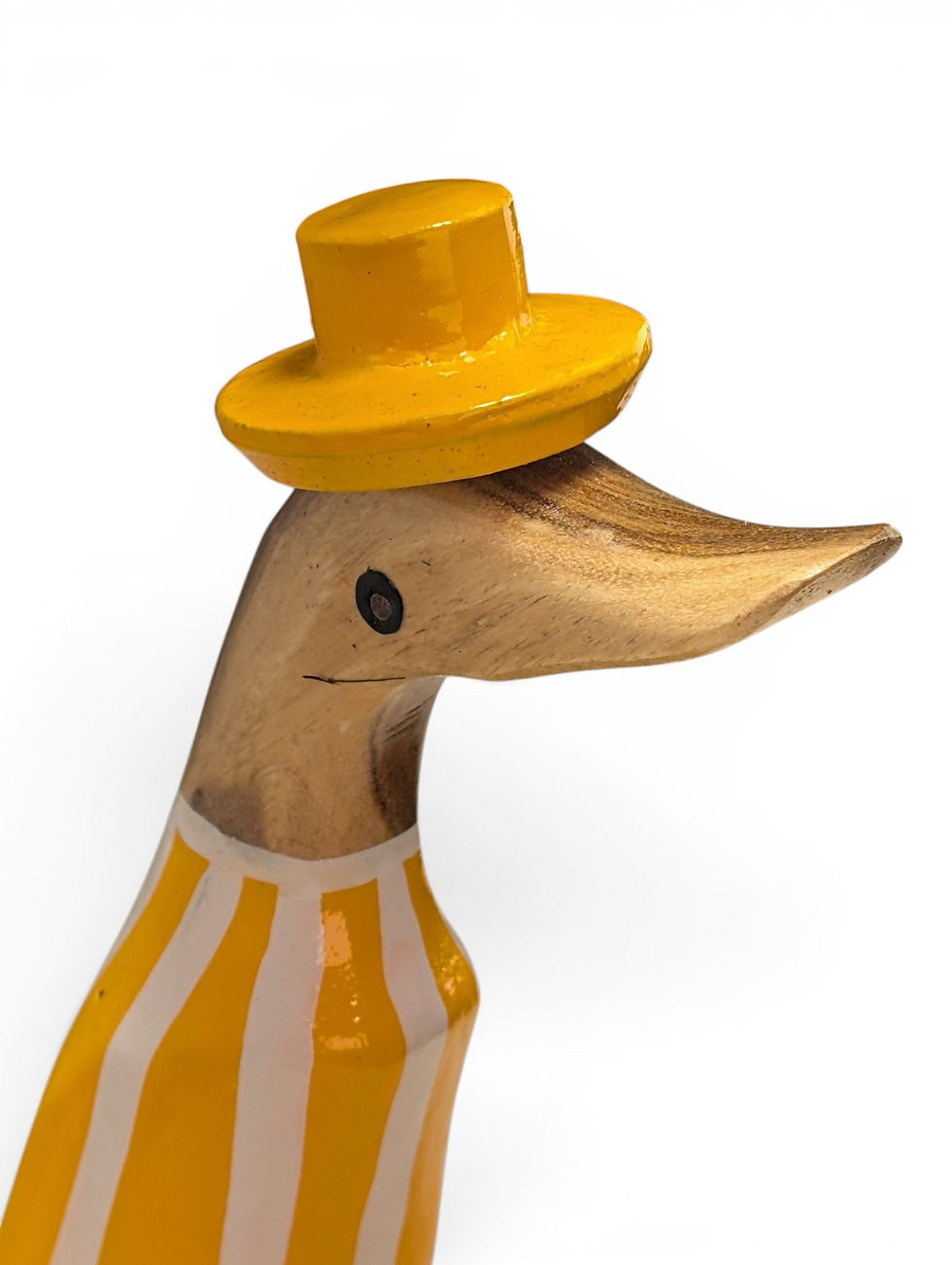 Thumbnail: Tropical handcrafted wooden duck statue made in Bali with a cheerful yellow outfit.