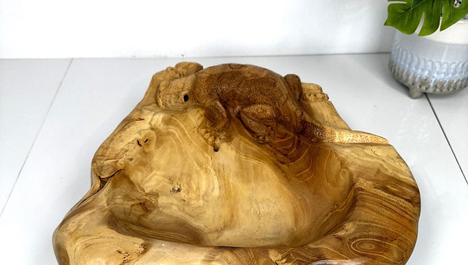 EXOTIC GECKO WOOD Bowl, Lizard Wood Bowl, Wood Accent Bowl, Handcarved Teak