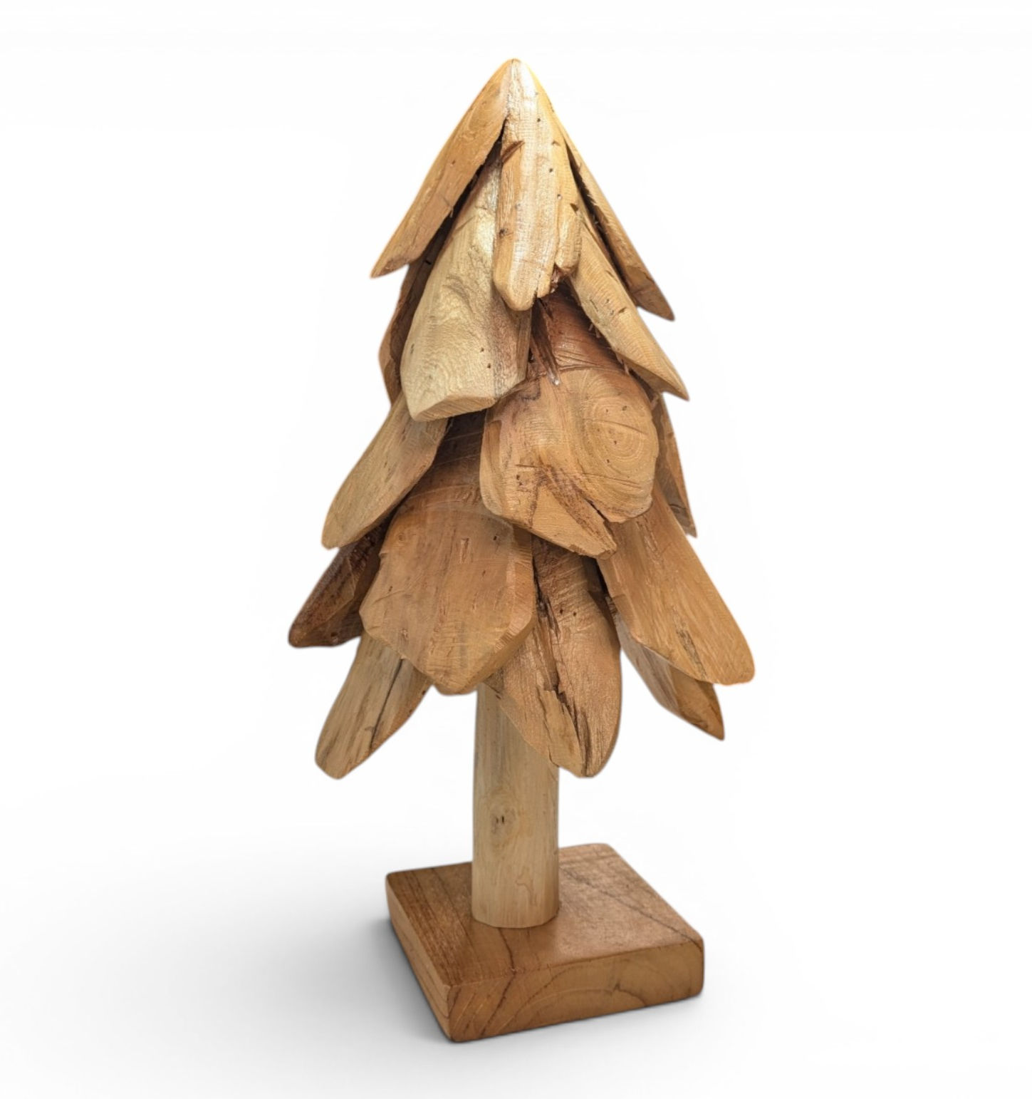 Small carved teak holiday tree with layered branches