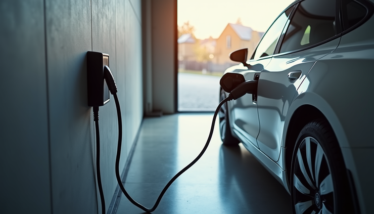 Eye-level view of an electric vehicle plugged into a home charging station in a residential garage