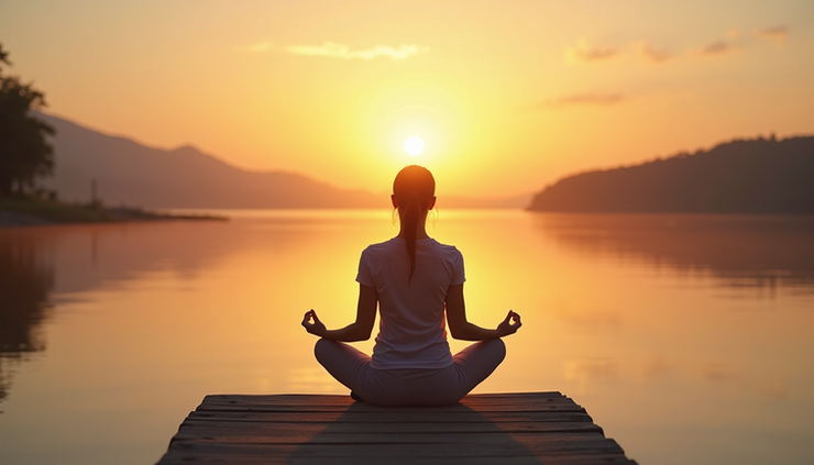 Eye-level view of a person sitting cross-legged on a peaceful lakeside dock during sunrise