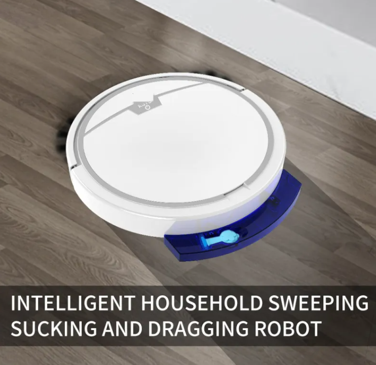 Robô aspirador inteligente limpando piso de madeira.