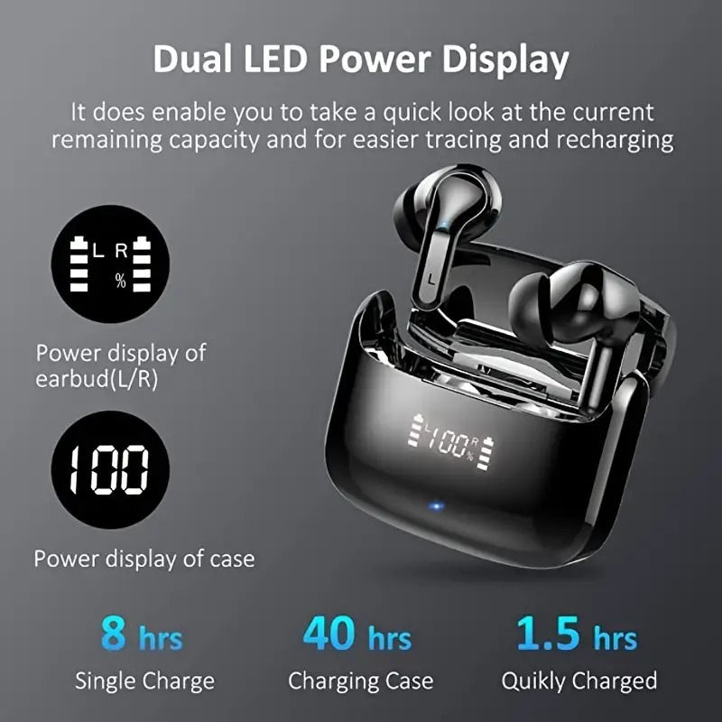 Fone TWS com display LED duplo de bateria e estojo de carga.
