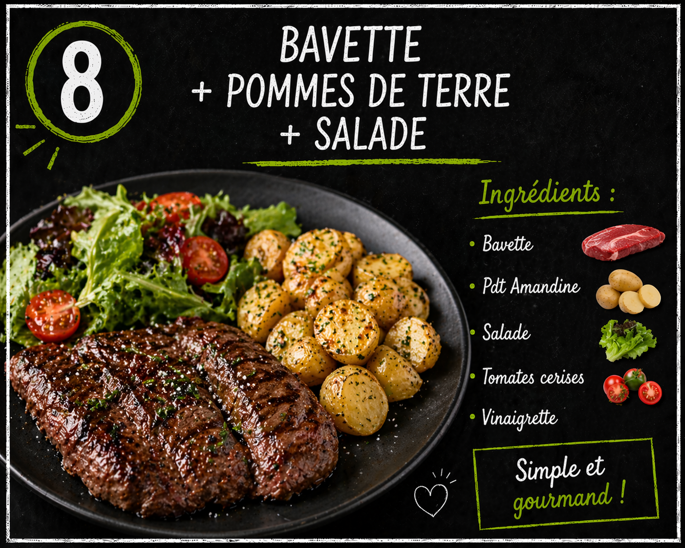 Bavette + Pommes de terre + Salade (2 pers )