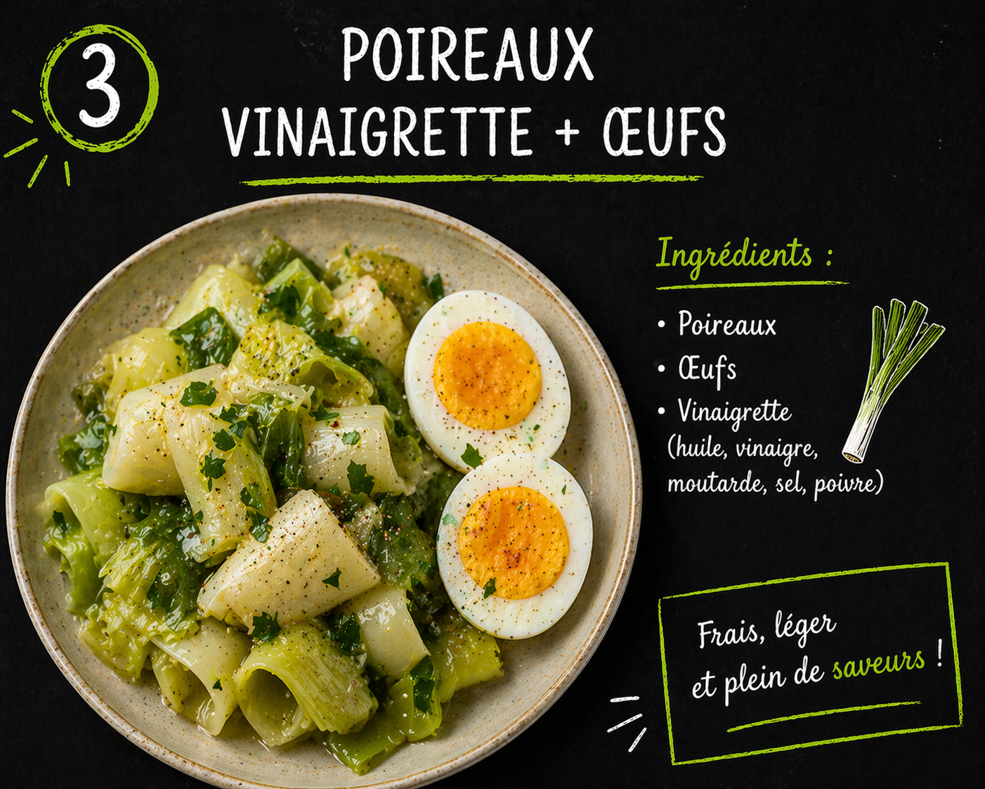 Salade de poireau + oeufs + fromage blanc (4 pers)
