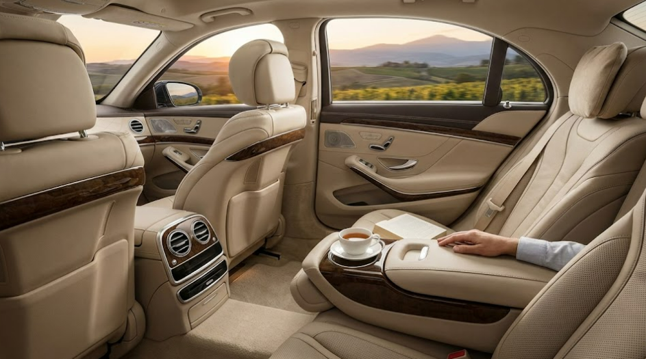 Confort intérieur d'une voiture classe pas cher, cuir et espace.