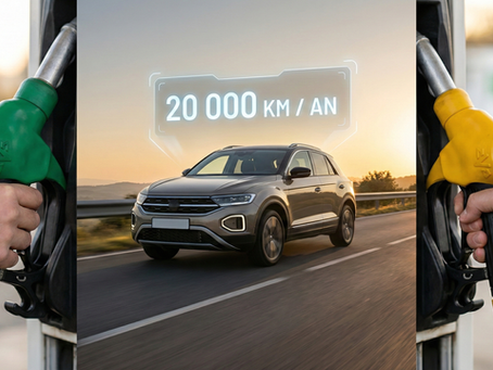 Comparatif visuel entre une pompe à essence sans plomb et une pompe diesel pour un conducteur parcourant 20 000 km par an.