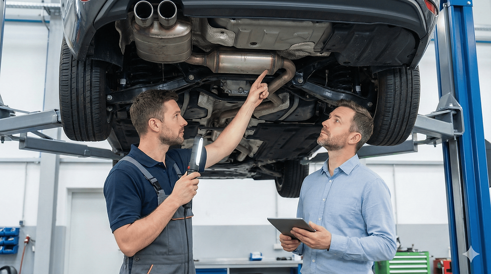 Un mécanicien expert montrant le système d'échappement et le filtre à particules (FAP) d'une voiture d'occasion à un client lors d'une inspection technique.