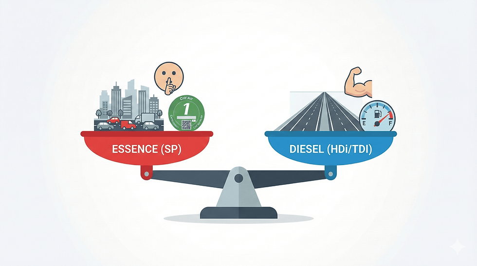 Infographie balance comparant les avantages de la voiture essence (ville, silence, Crit'Air 1) face au diesel (autoroute, couple, autonomie).