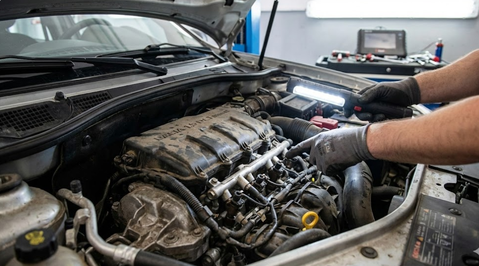 Inspection moteur d'un Dacia Duster occasion : vérification des injecteurs et du turbo.