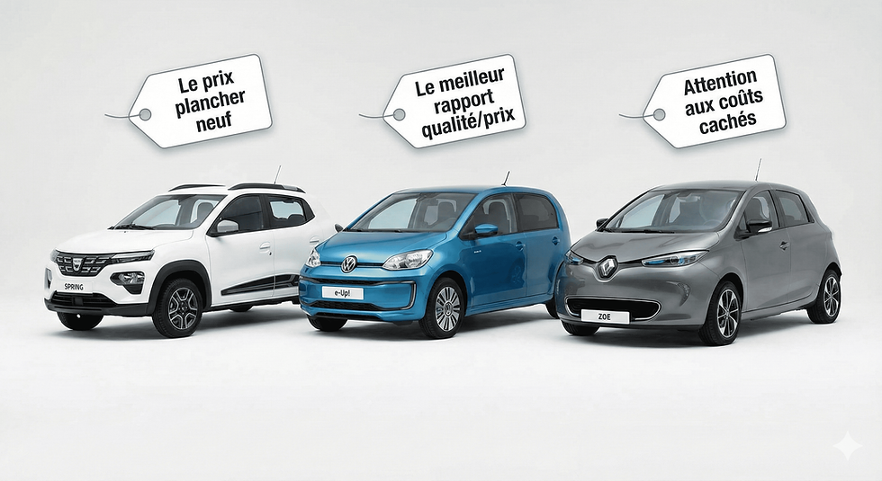 Comparatif visuel des citadines électriques : Dacia Spring, VW e-Up! et Renault Zoe.