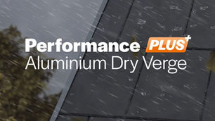 Image of a roof with a grey overlay and the text Performance Plus Aluminium Dry Verge in white