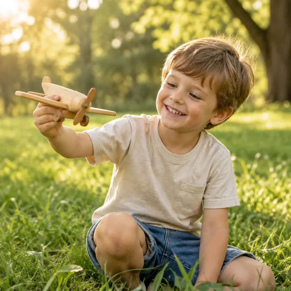 Studio photography of a young boy smiling as he plays with a wooden airplane toy in a sunlit grassy field. The warm, golden hour lighting creates an innocent and playful atmosphere.