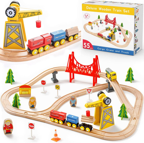 Tiny Land Train Set 110pcs Wooden Train Set, Toy Train for Boys