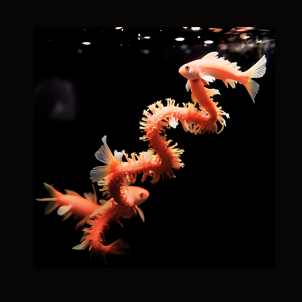 Bright orange koi fish swirl gracefully against a black background, resembling a DNA strand embodying the use of Polynucleotides Bradwell Great Yarmouth Norfolk Suffolk