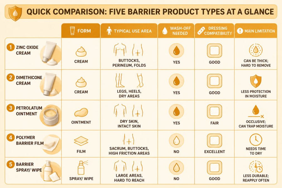 Comparison matrix of five barrier product types (zinc oxide cream, dimethicone cream, petrolatum ointment, polymer barrier film, barrier spray/wipe) against columns for form, typical use area, wash-off needed, dressing compatibility and main limitation