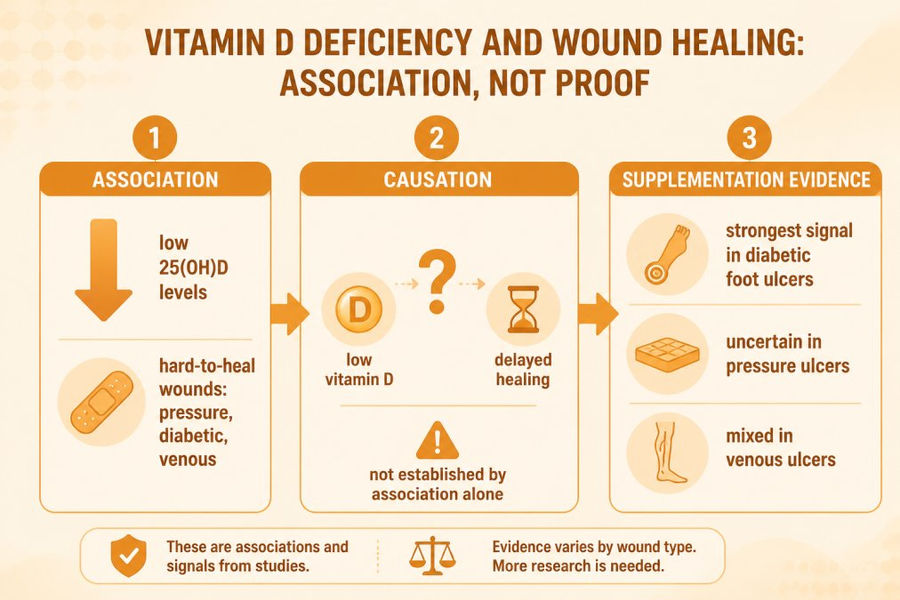 Flowchart illustrating the uncertain link between vitamin D for pressure sore healing and wound recovery.