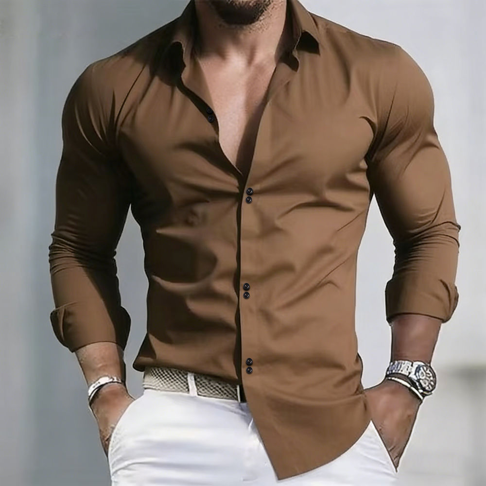 Camisa Masculina Premium Manga Longa em Cor Sólida – Estilo Social e Casual