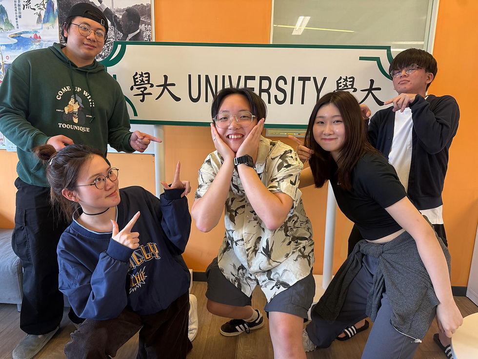 from left to right - Wong Ho Man Conan, Cheung Wai Ki Vicky, Yan Sze Nga Maisie Chan Ching Yi Agnes, Lo Pui Yin Daniel, Students from the Department of English who joined the Student-led English Orientation Camp 2024