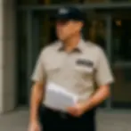 Guardia de seguridad con uniforme, parado frente a un edificio, sosteniendo papeles