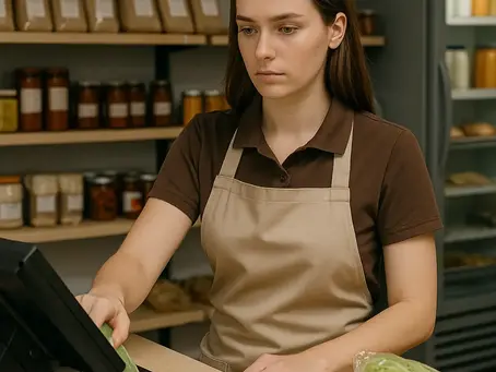 Joven trabajadora de autoservicio operando la caja registradora.