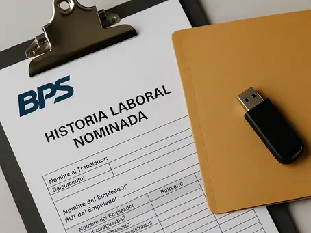 Planilla de historia laboral nominada del BPS junto a una carpeta y un pendrive, sobre fondo claro.