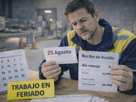 Trabajador industrial revisando recibo de sueldo por trabajo en feriado mal liquidado en Uruguay