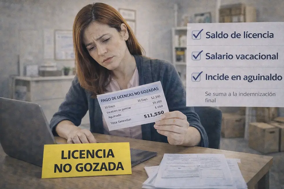 Trabajadora revisando liquidación final por licencia anual no gozada