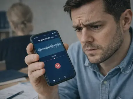 Trabajador revisando una grabación de audio en el celular como prueba de un despido verbal en Uruguay