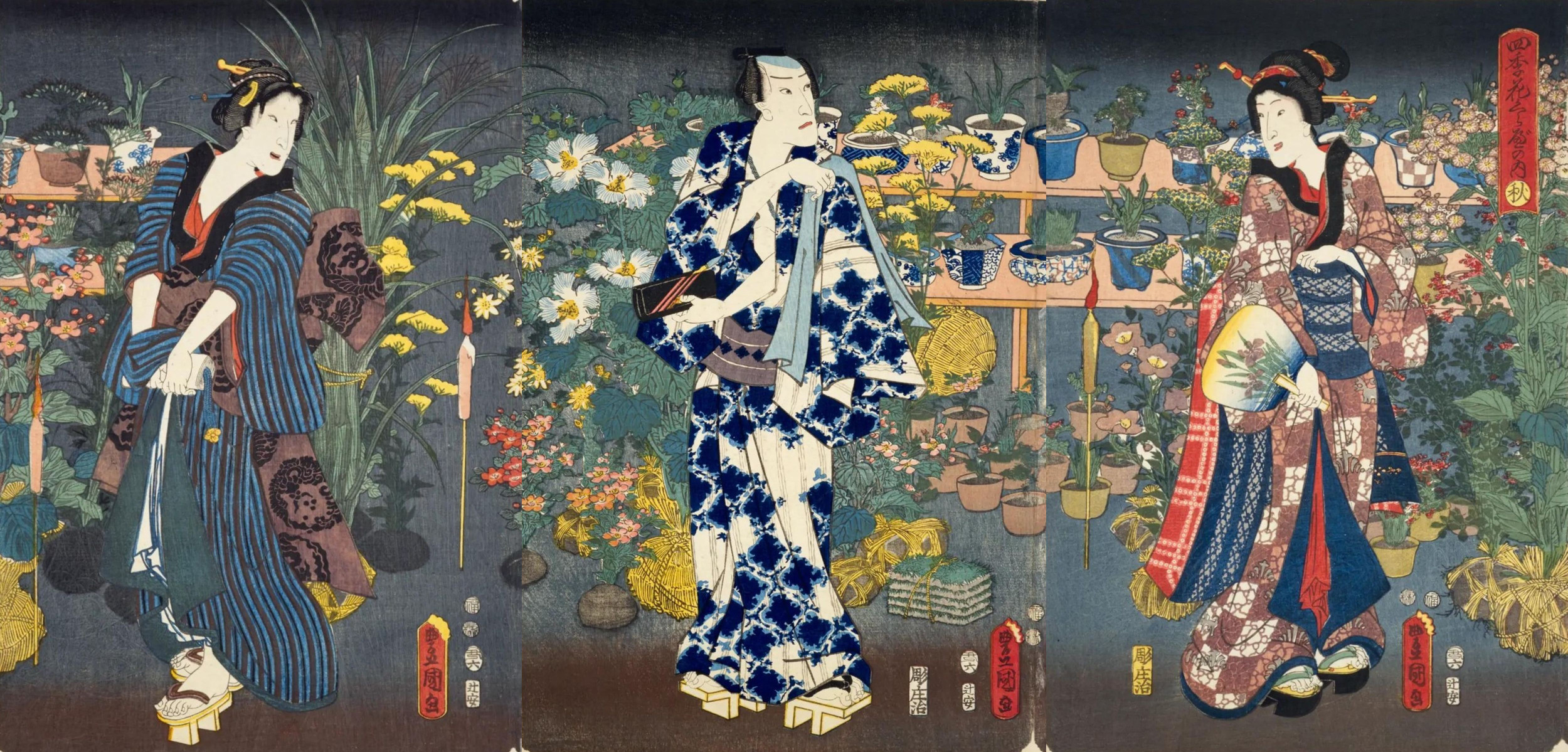 浮世絵、役者絵縦二枚綴り、三代歌川豊国 歌川豊国(三代)が描く、江戸の四季と花卉の美:錦絵帖が誘う