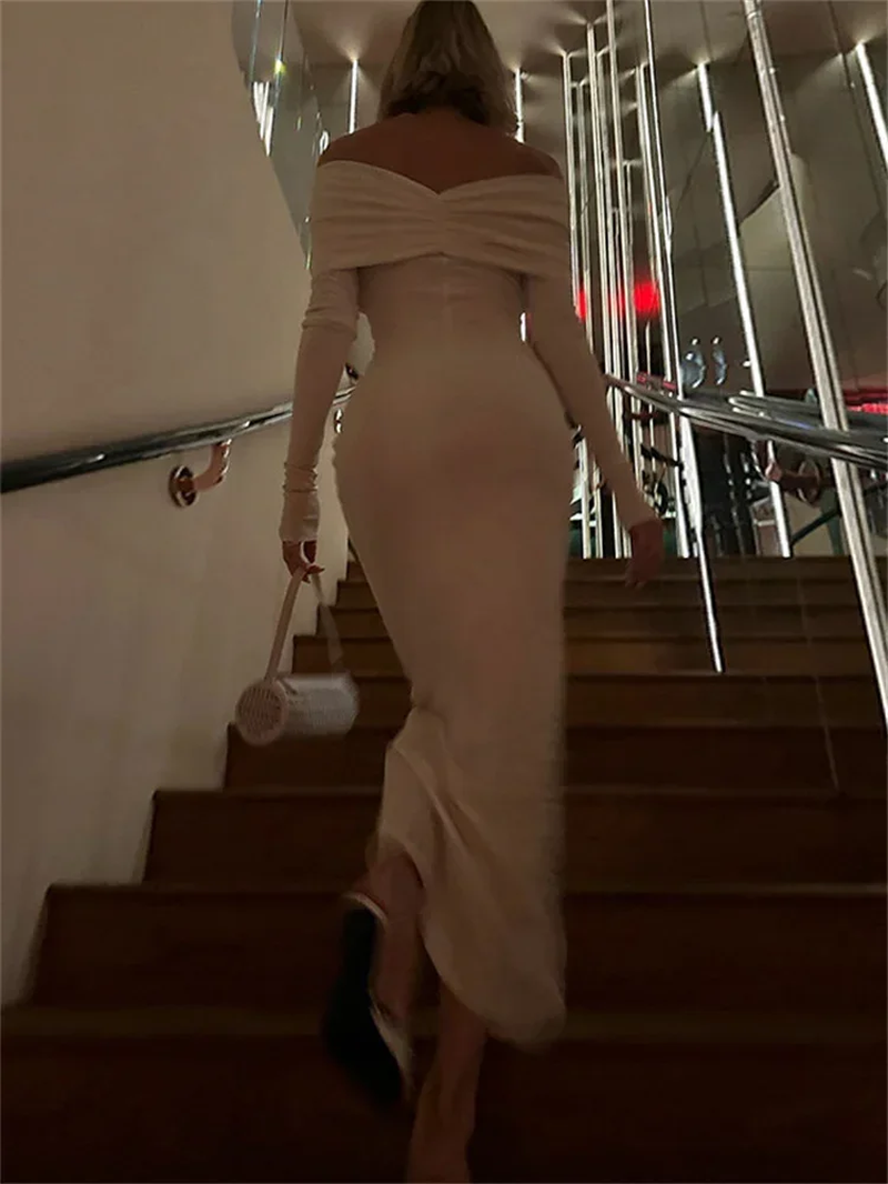 Thumbnail: White Pleated Slim Maxi Dress Elegant for Women Patchwork Off-Shoulder Fashion H